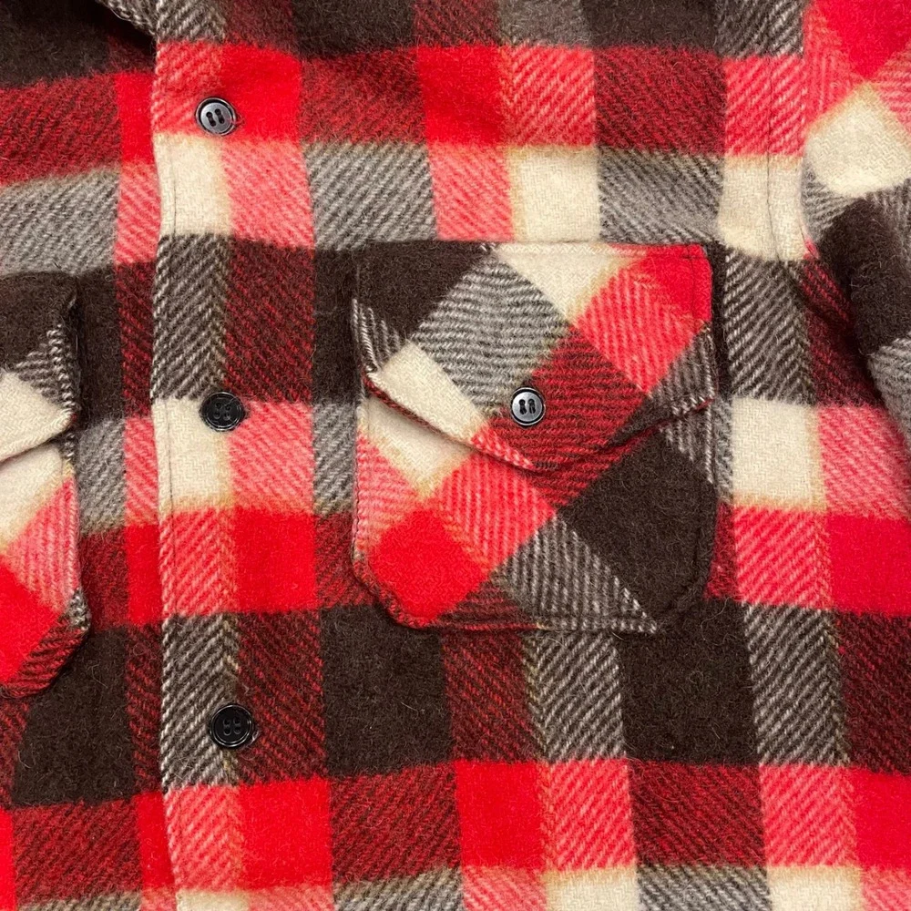 Vintage 40s 50 Wool Flannel Shirt Jacket Mens L Red Brown Buffalo Plaid Workwear